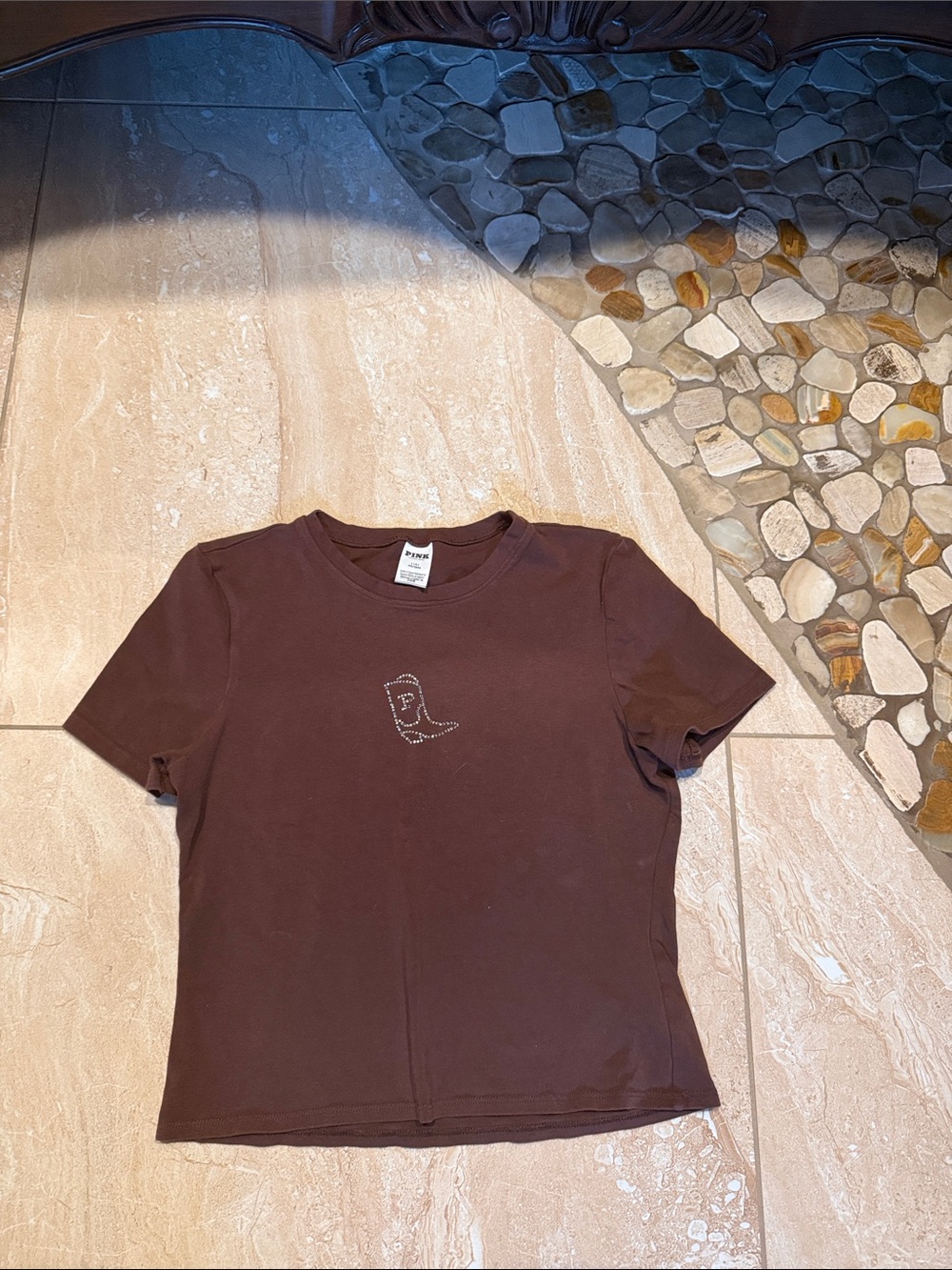 VICTORIA’S SECRET PINK Cotton Baby Tee Brown Western Bling Boot Rodeo Festival👢🤠